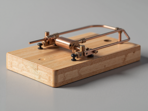 Small metal mouse trap with wire mesh design, silver color, placed on wooden surface with natural lighting